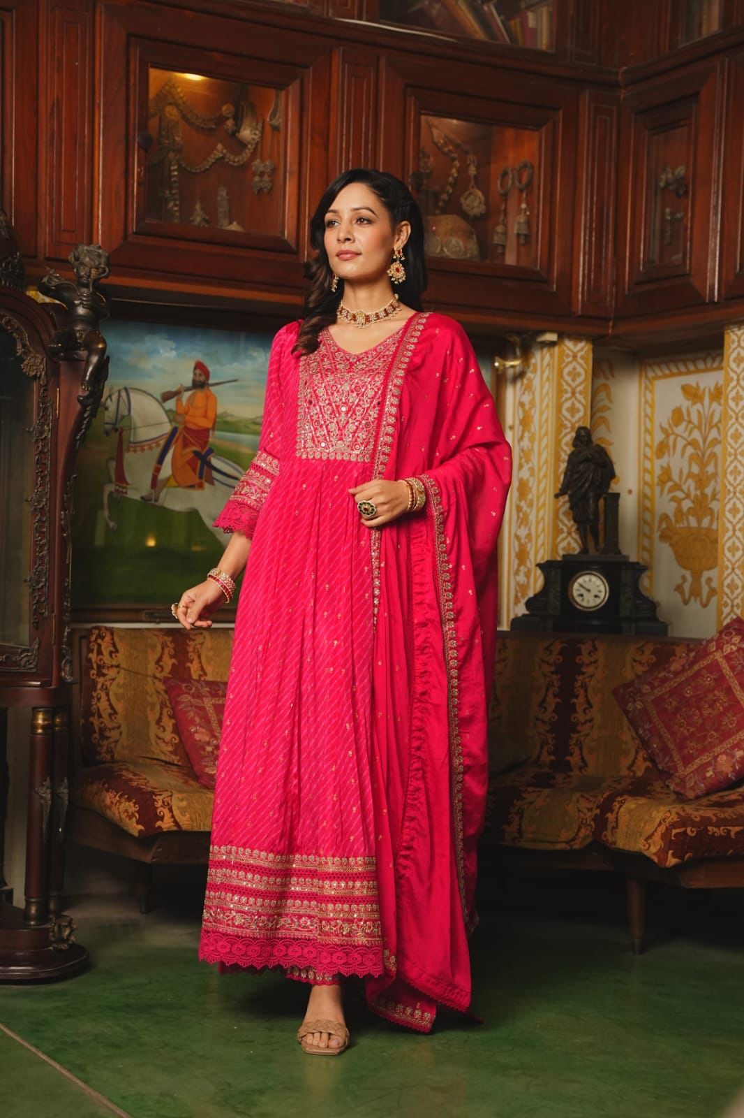 Hot pink premium chinnon silk anarkali suit with heavy work