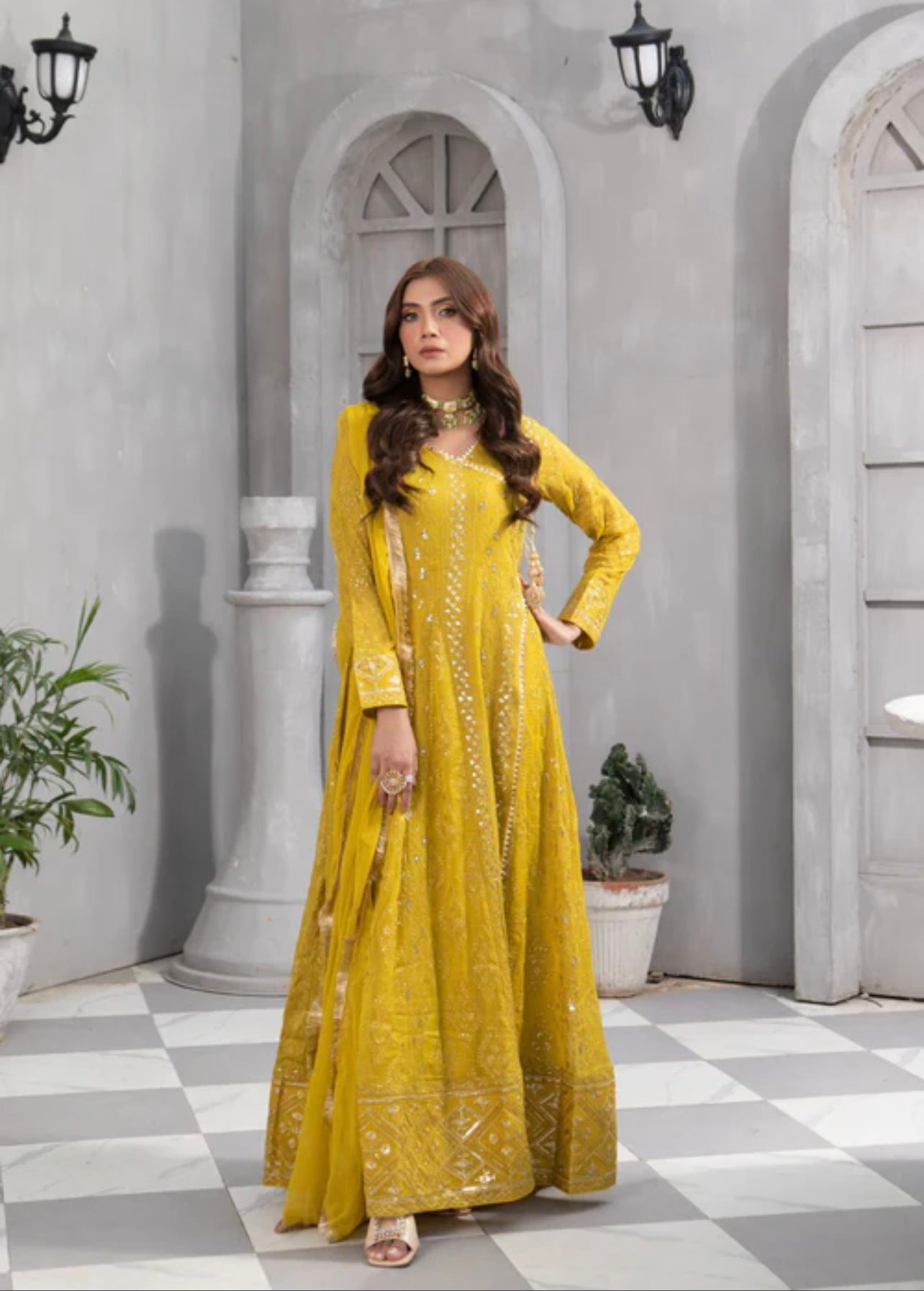 Mustard green heavy chikankari with sequence work formal partywear anarkali