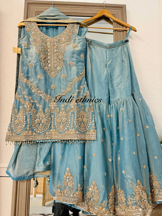 Ice blue heavy handwork fendy tissue sharara suit