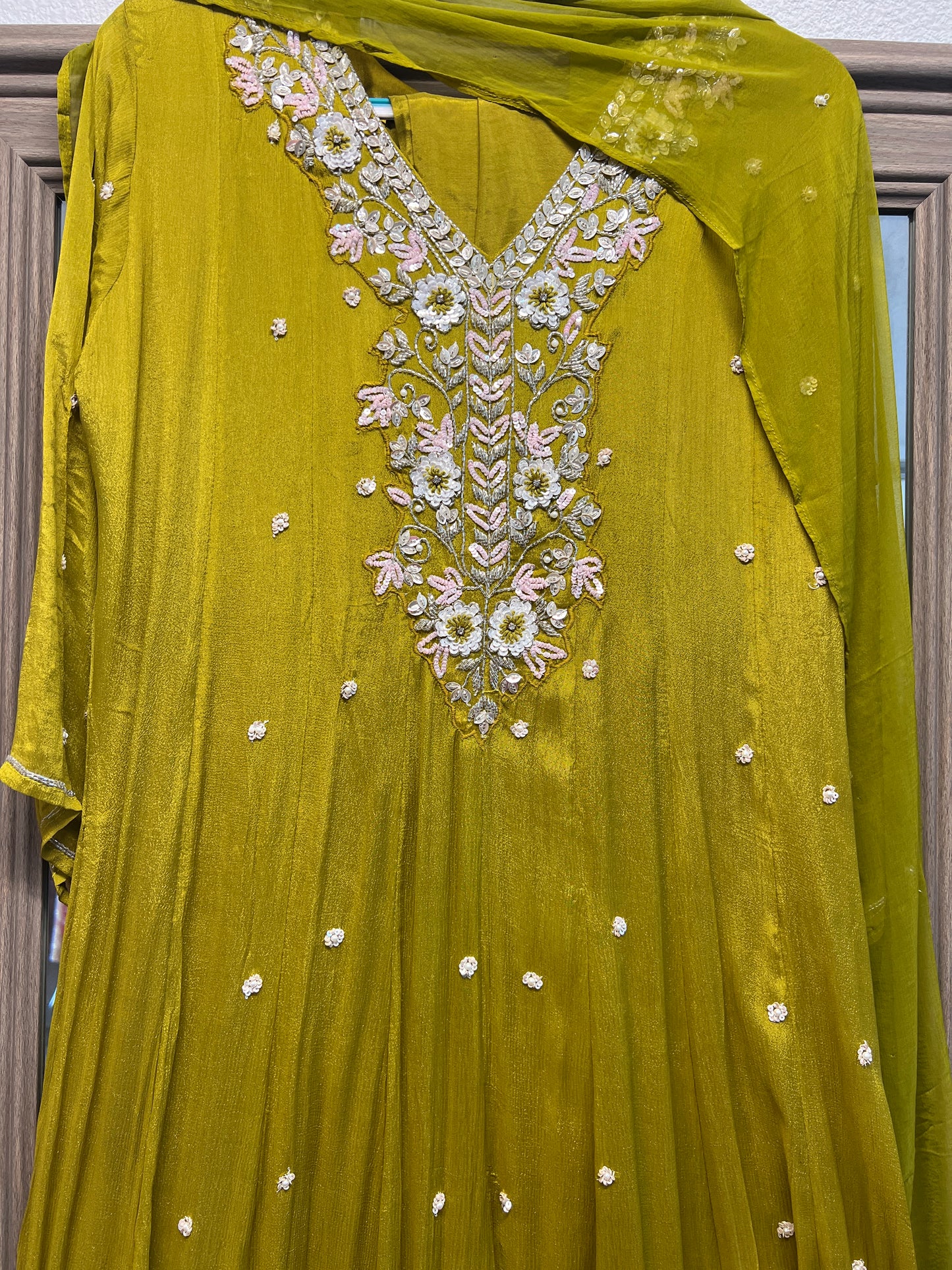 Parrot green beautiful handwork anarkali kurta pants dupatta set