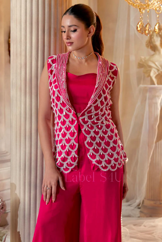 Hot pink heavy handwork formal jacket sharara co-ord set