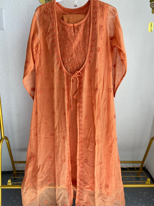 Orange Rust kota Lucknowi stylish jacket kurta and pant set