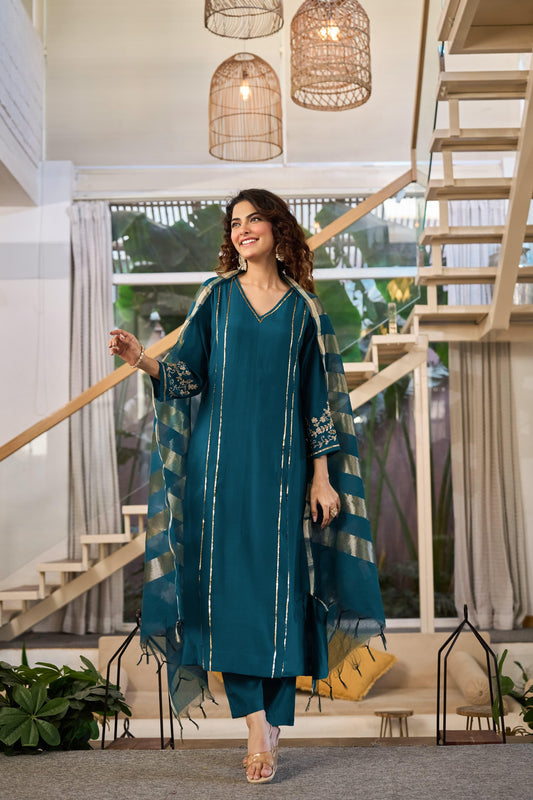 Teal pure mul chanderi handwork suit with tissue dupatta