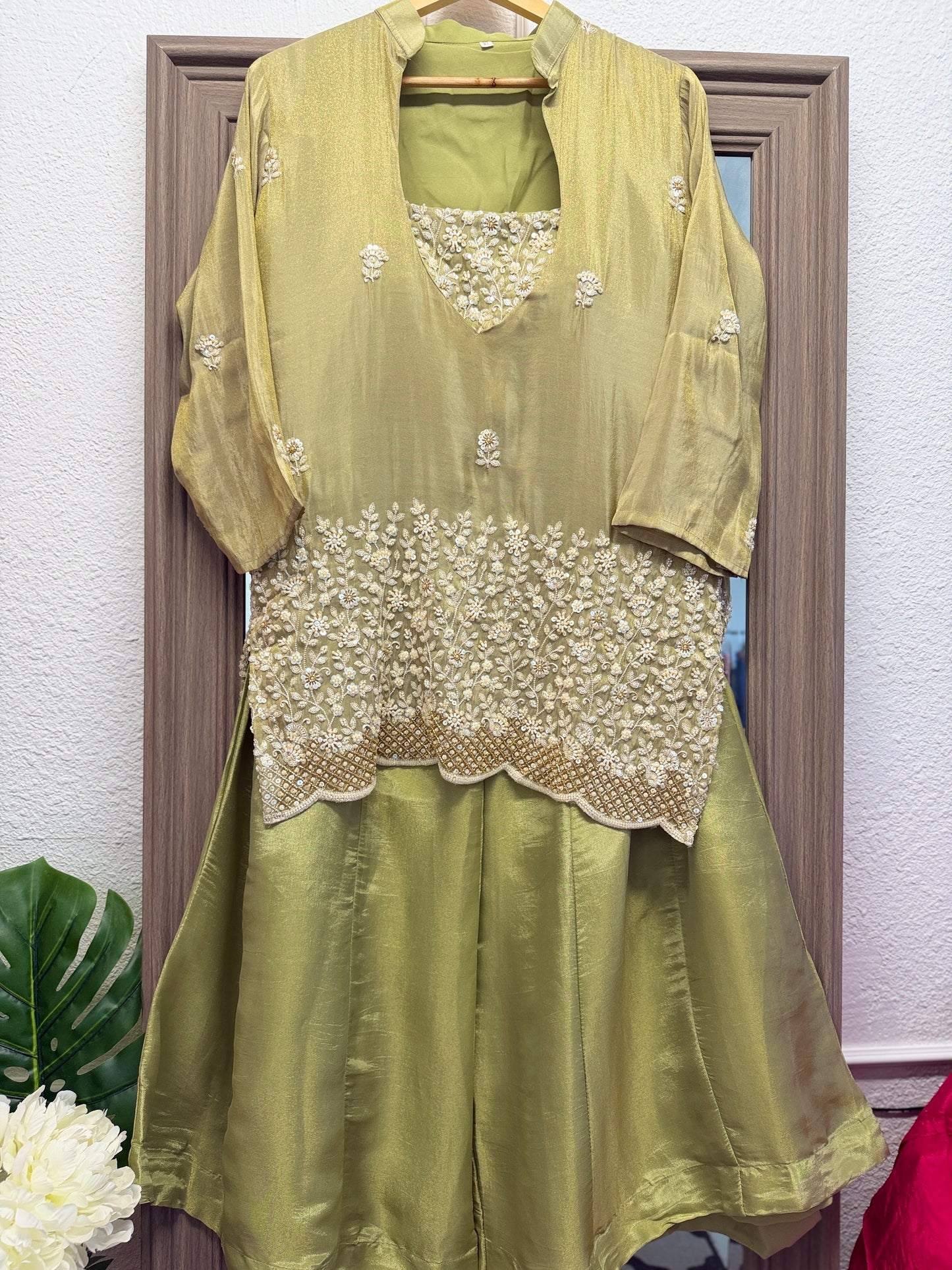 Pistachio heavy handwork crop top palazzo and jacket set partywear