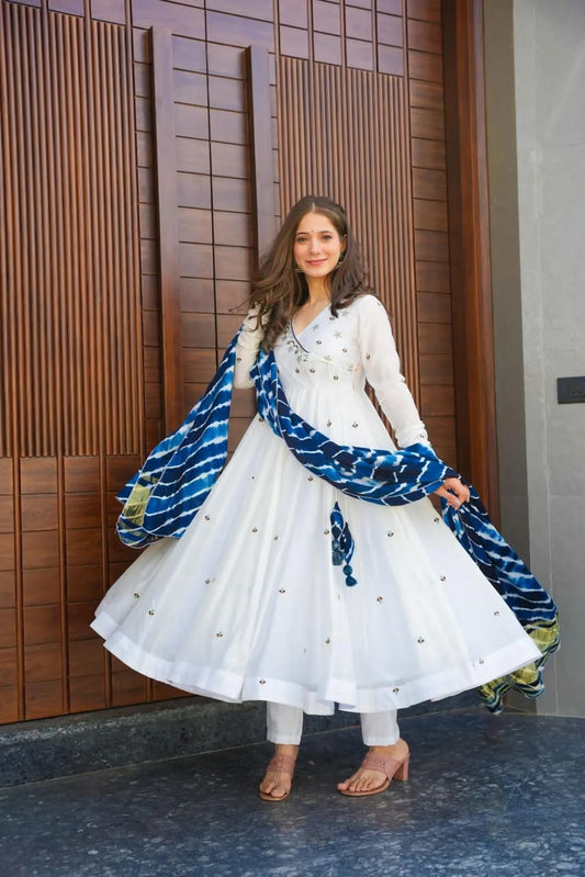 White georgette anarkali kurta set with leheriya dupatta