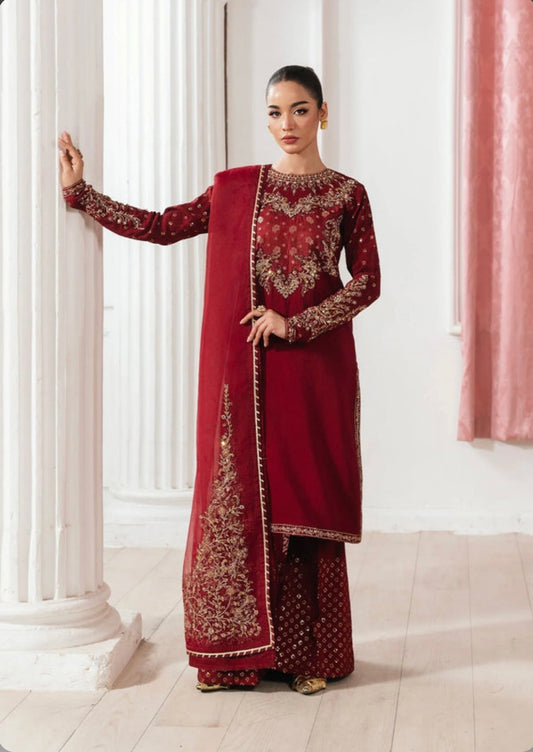 Maroon heavy handwork suit with heavy dupatta