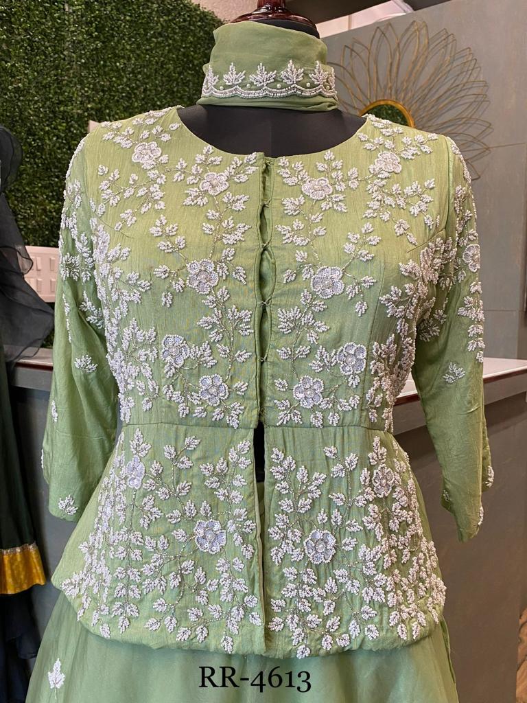 Light Green hevay handwork short top skirt and dupatta set