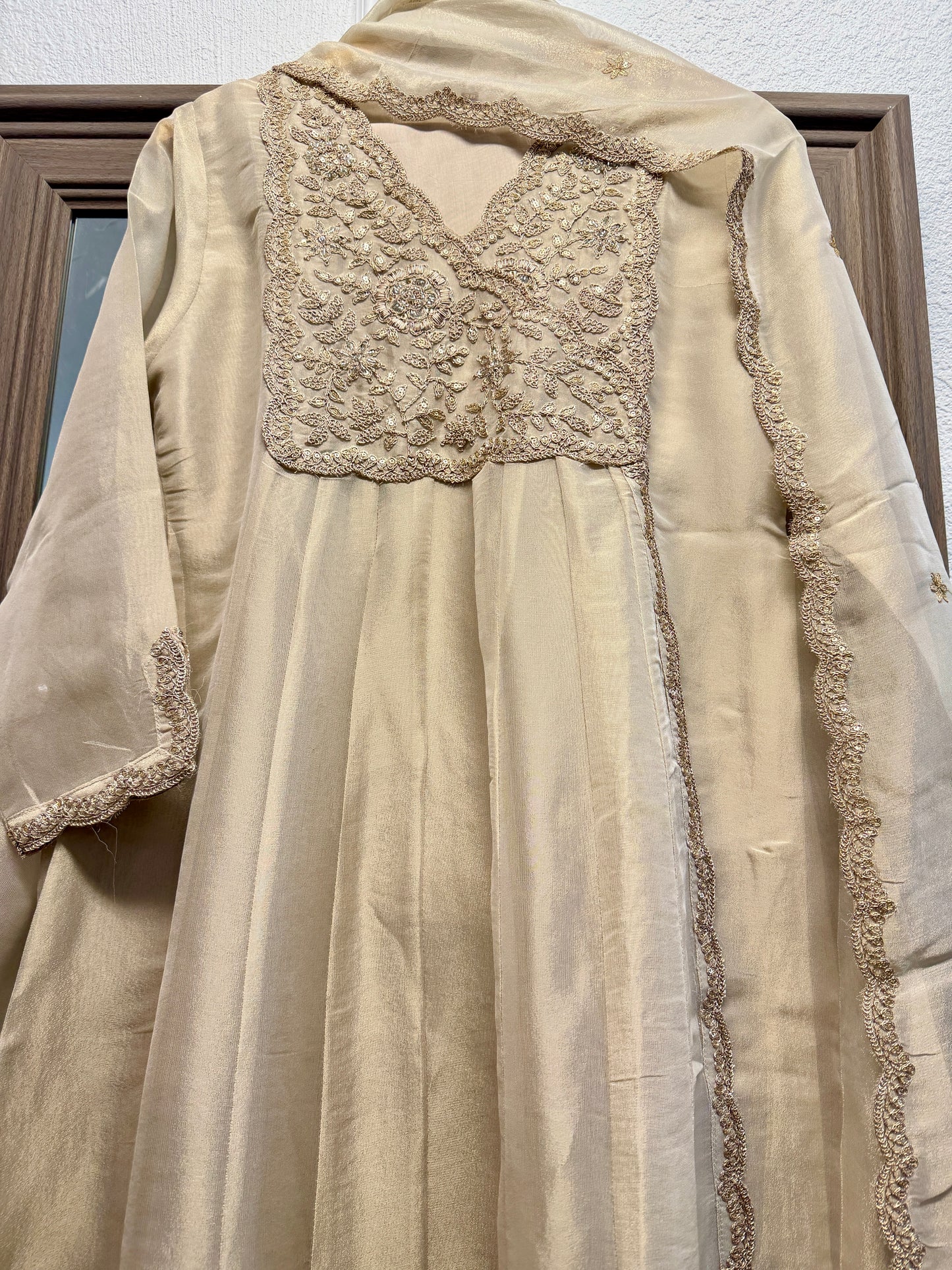 Ivory gold pure tissue elegant A line kurta set