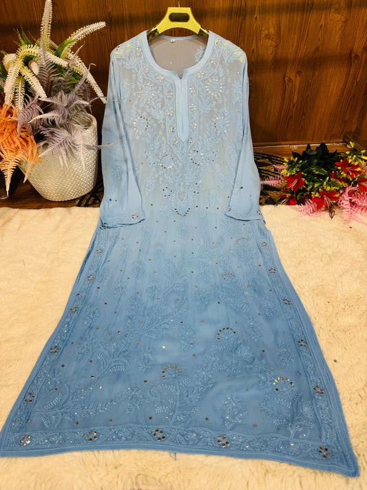 Plus size blue chikankari mukes work ombre kurti with lining