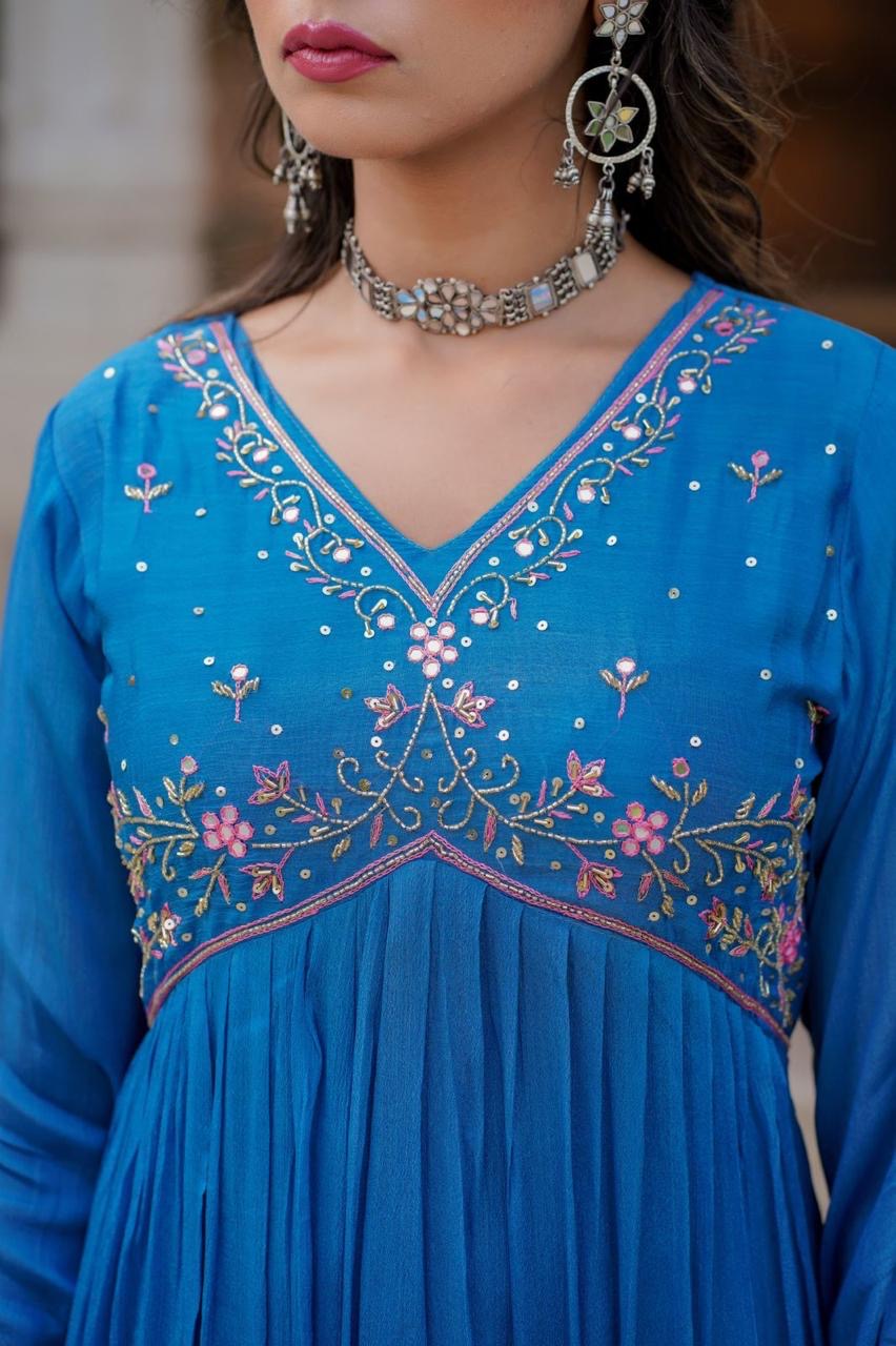 Sky Blue and pink handwork alia cut suit