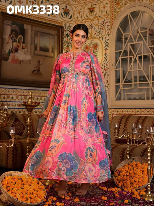 Pink floral long pure chinnon kurta set