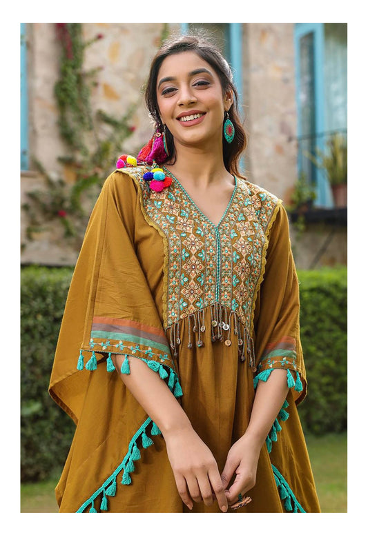 Mustard Brown heavy embroidered and tassels kaftan set