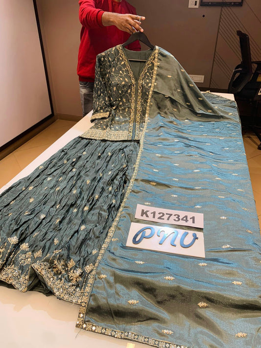 Grey elegant partywear heavy handwork sharara suit cum lehenga