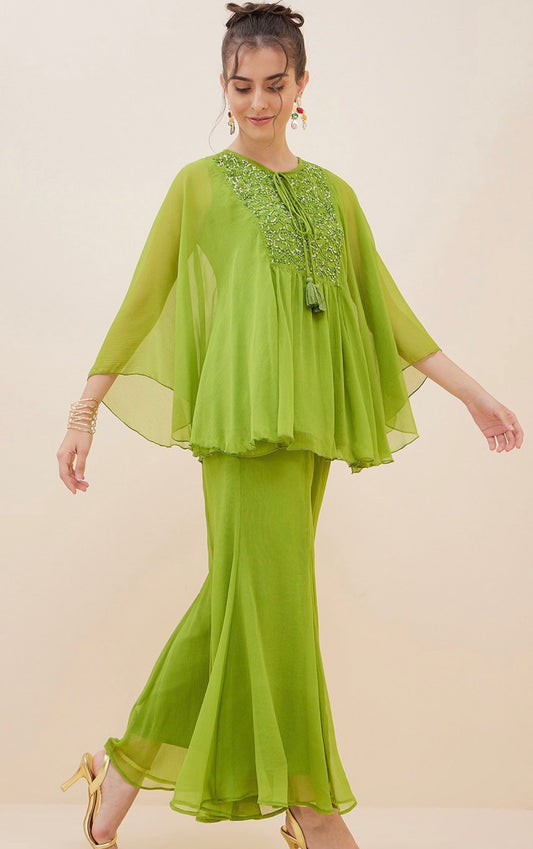 Parrot green stylish handwork pure georgette kaftan co-ord set