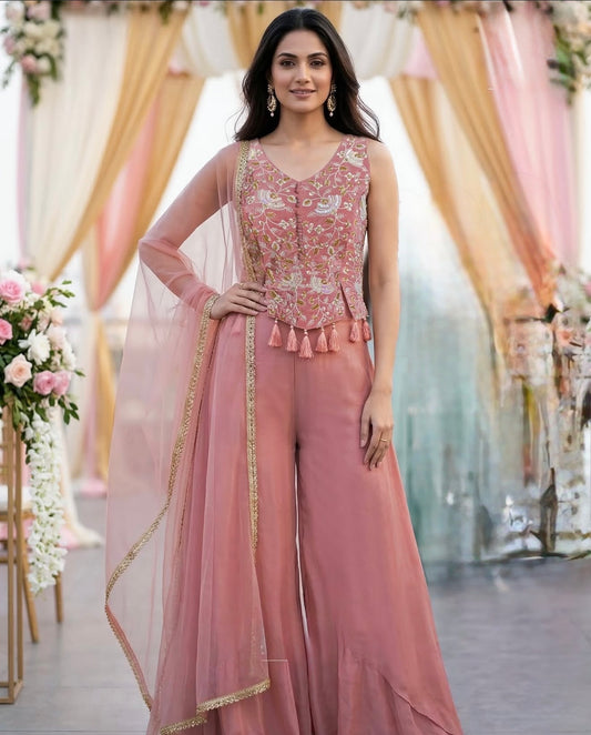 Light Pink corset style handwork indo western crepe divider set