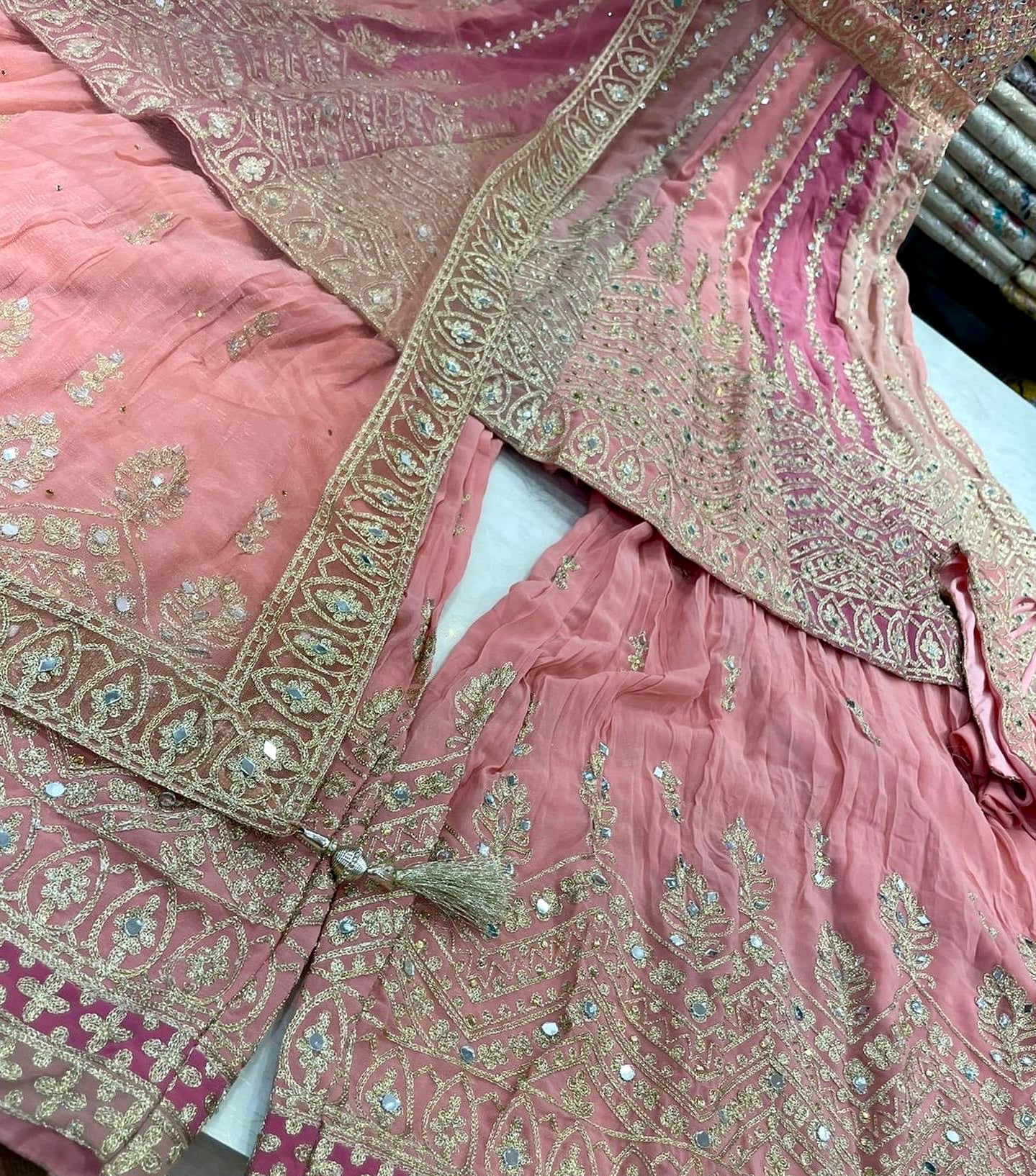 Pink Heavy mirror work formal sharara suit