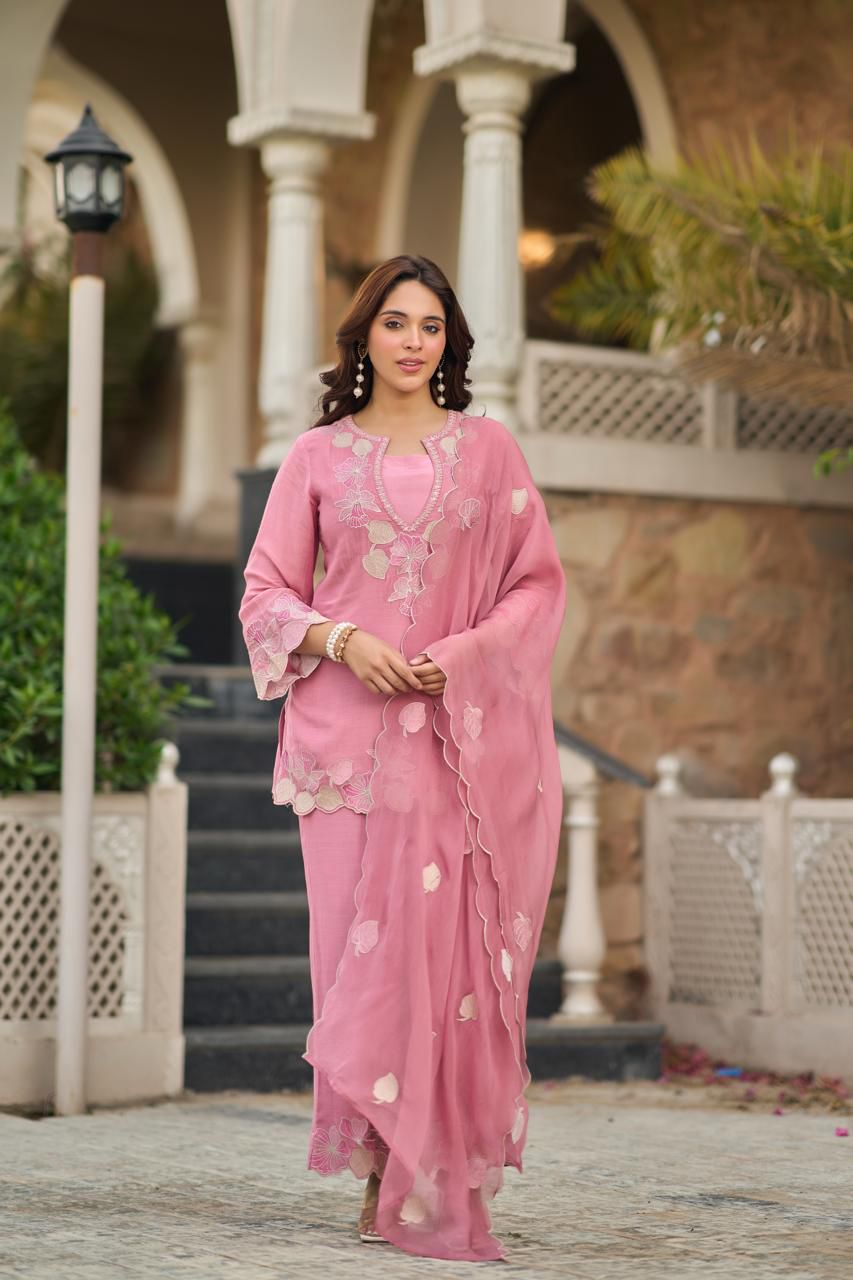 Pink elegant premium chanderi silk short top kurta set