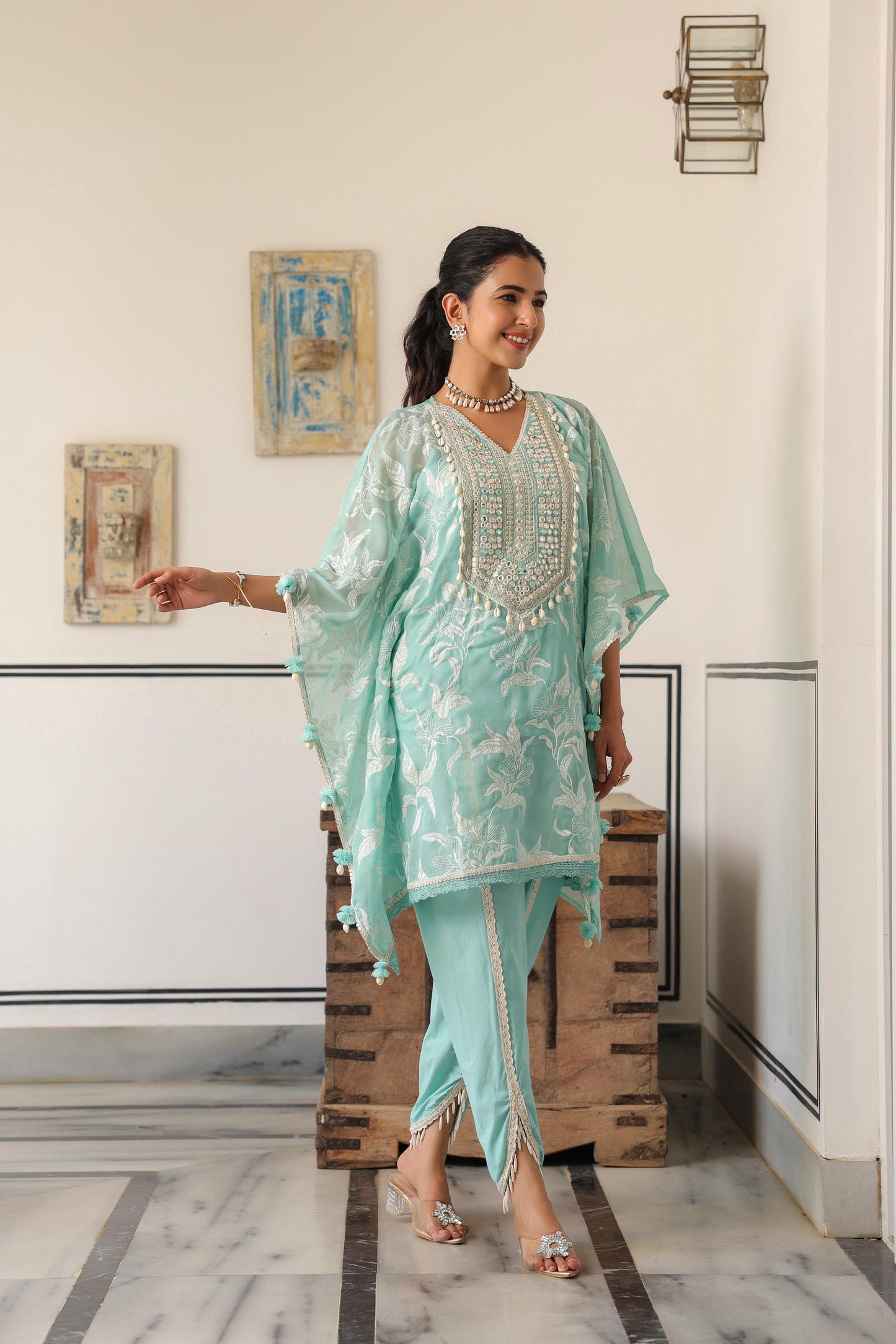 Aqua blue trendy beautiful kaftan tulip pant set