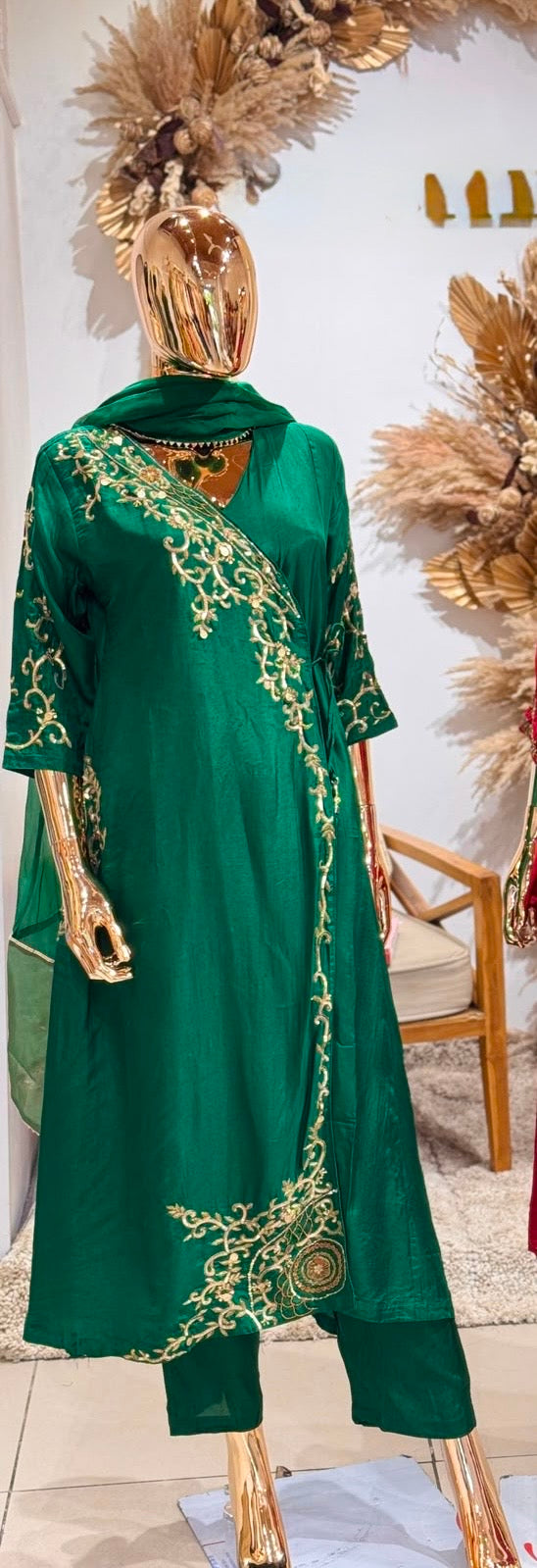 Bottle green heavy handwork angrakha dola silk suit
