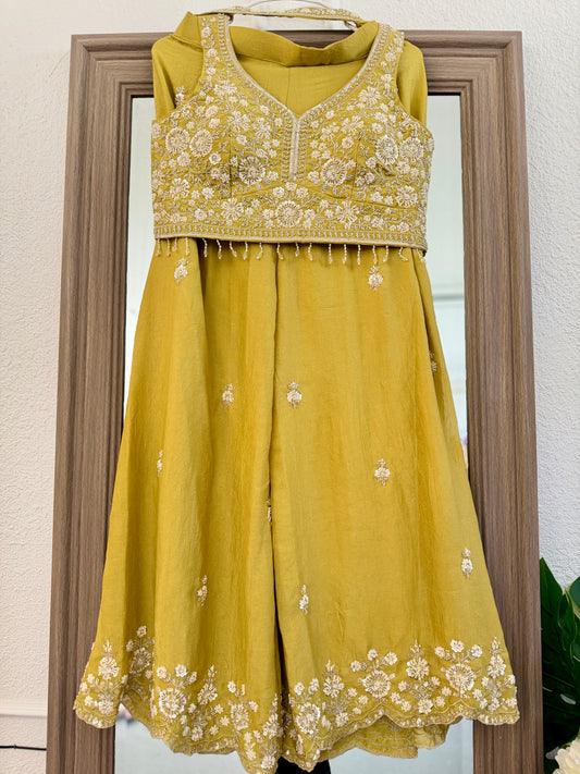 Greenish Yellow heavy handwork crop top palazzo neck dupatta
