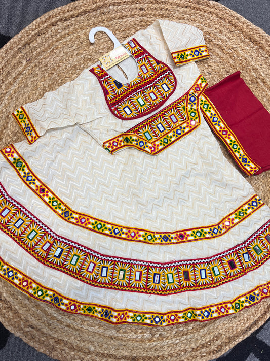 Off White and red real mirror work lehenga choli dupatta
