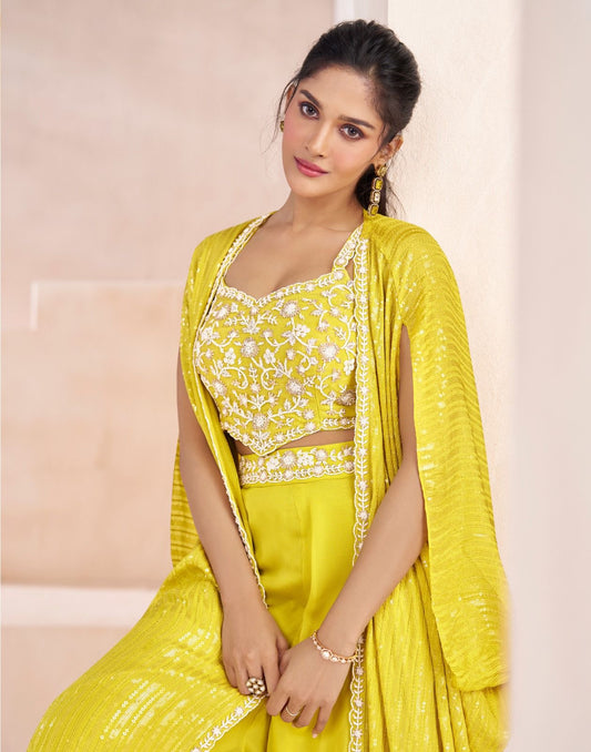 Yellow heavy handwork and all over sequence partywear cape set