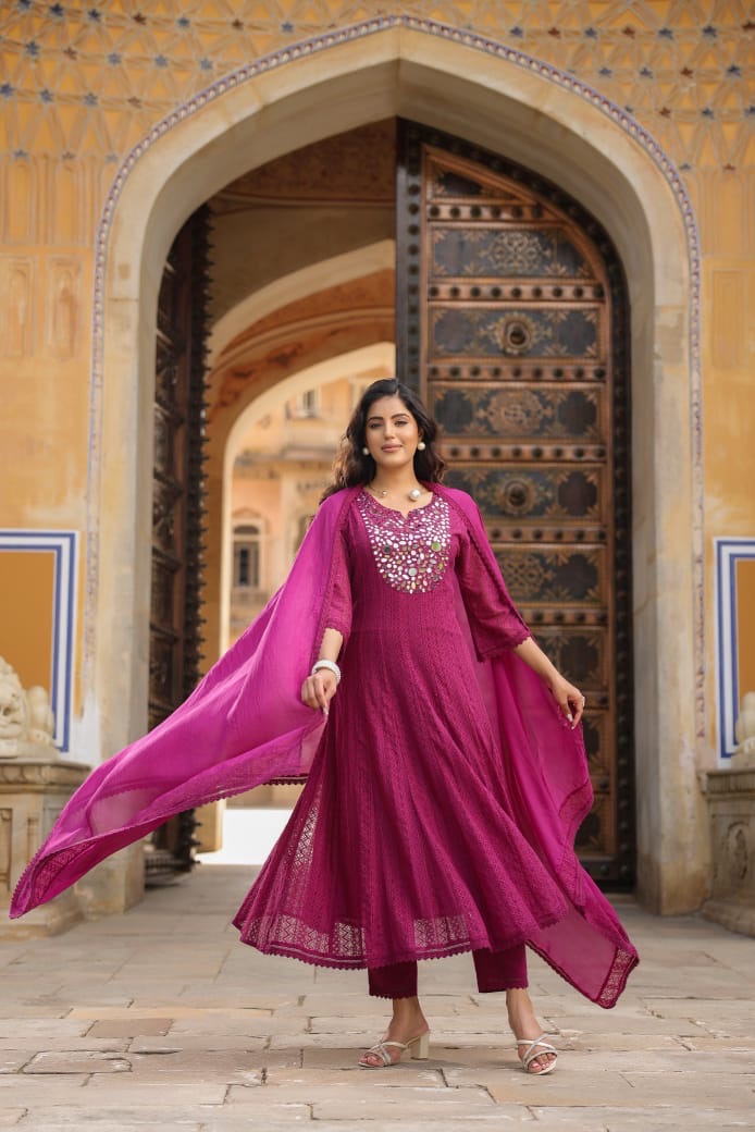 Dark pink real mirror work anarkali kurta set