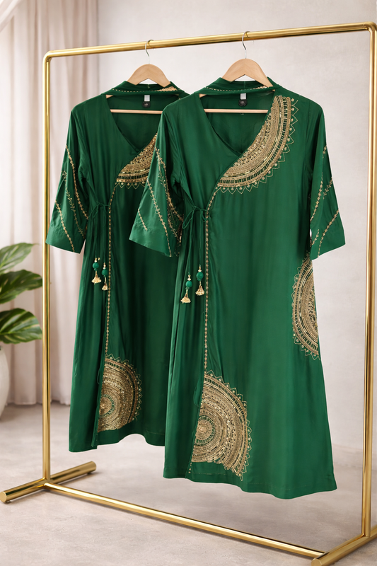 Bottle green mul chanderi premium handwork suit