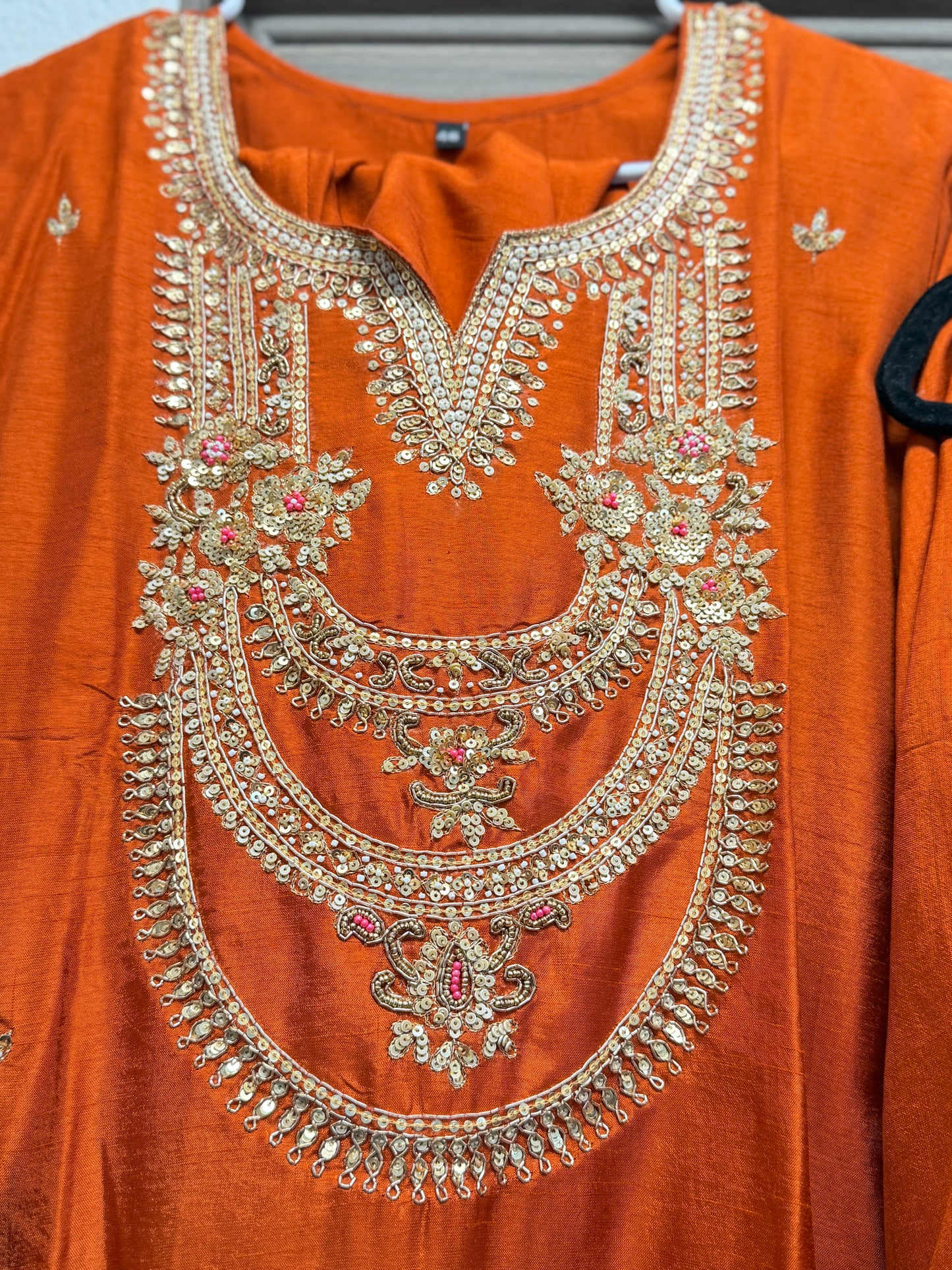 Rust orange pure dola silk suit with tissue dupatta