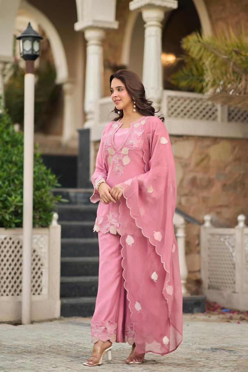 Pink elegant premium chanderi silk short top kurta set