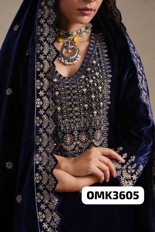Navy blue heavy embroidered velvet suit