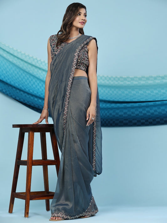 Teal heavy sequin work party wear predraped saree
