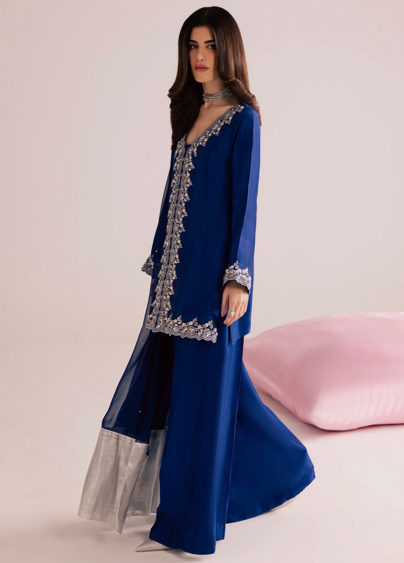 Blue designer handwork short top palazzo set