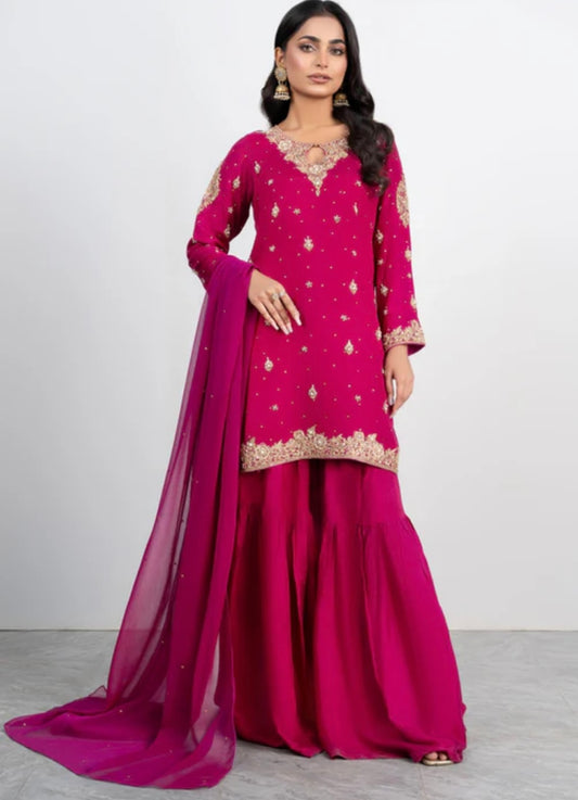 Wine heavy jardoshi work sharara suit