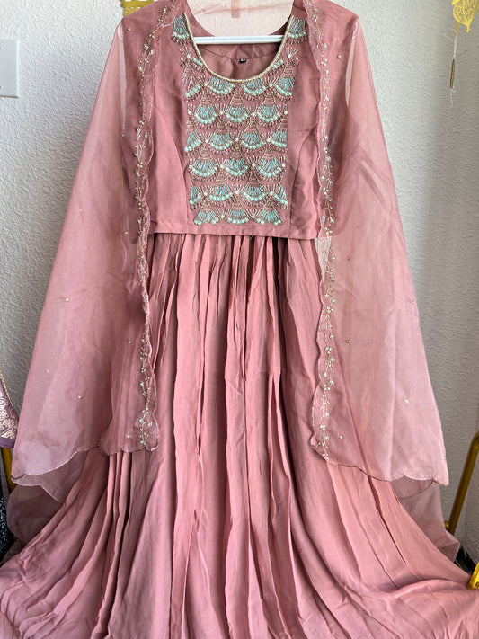 Dust pink handwork crop top skirt and shrug set