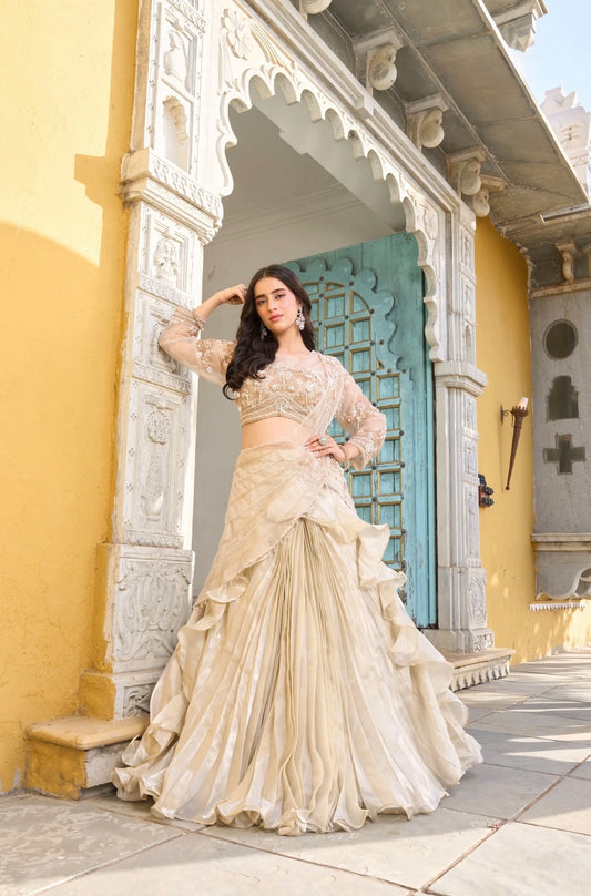 Gold stunning handwork ruffled saree lehenga