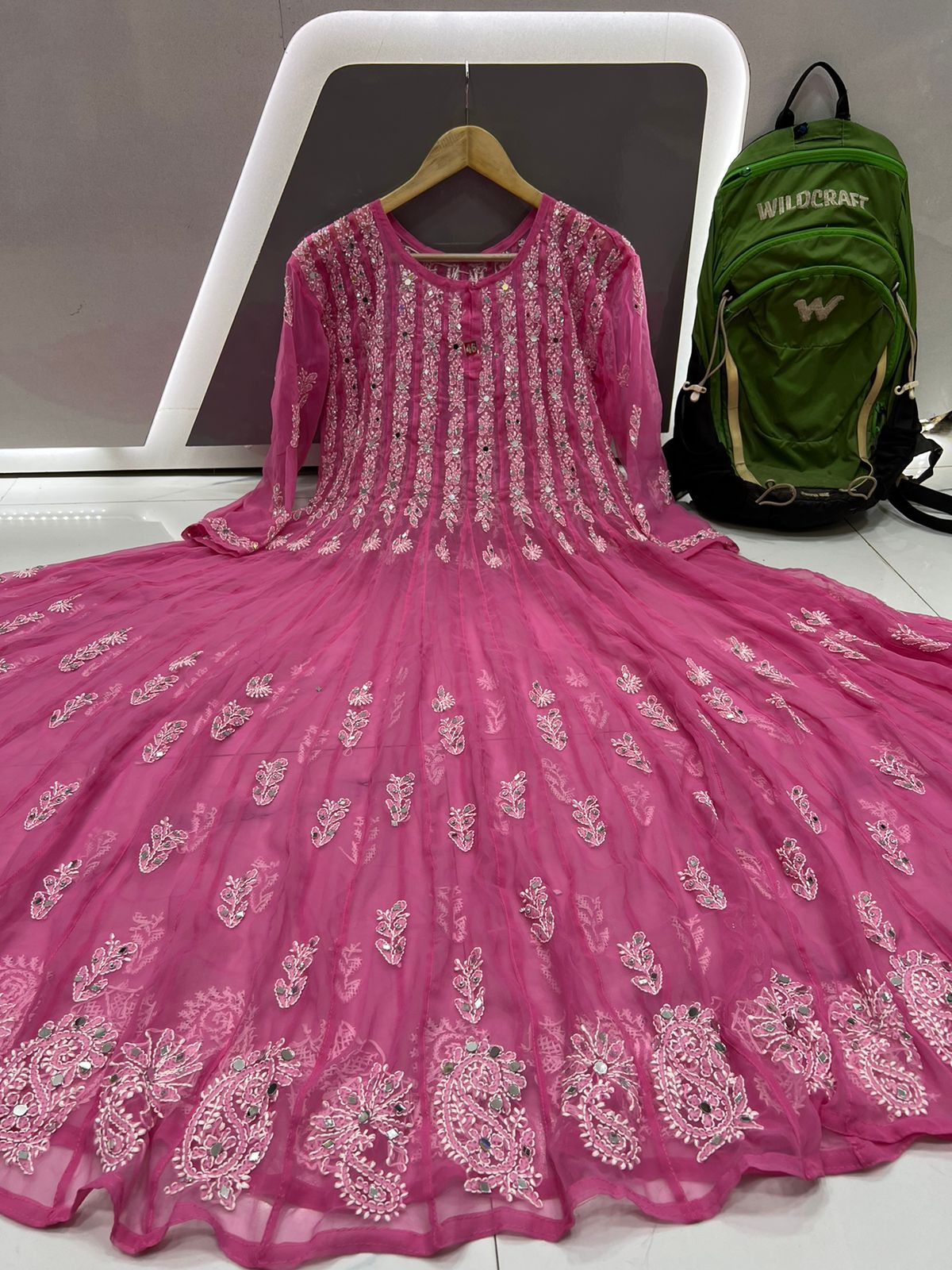 Pink Mirror work 56 kali Anarkali Kurta with lining