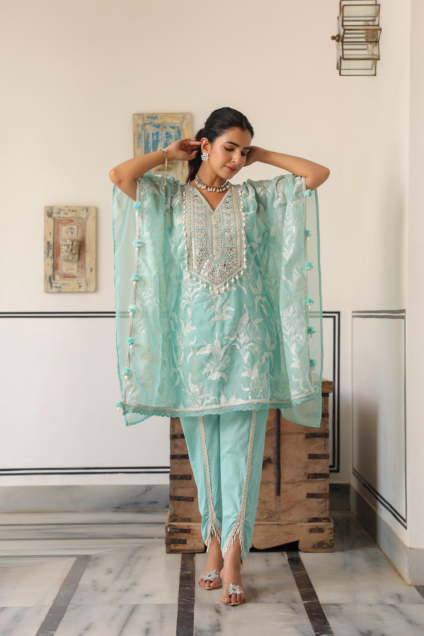 Aqua blue trendy beautiful kaftan tulip pant set