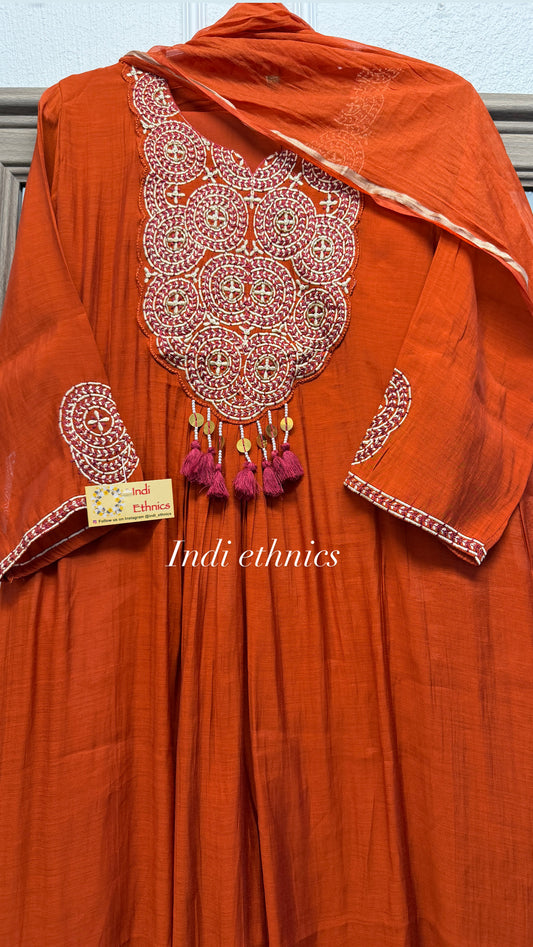 Rust mul chanderi embroidered A line suit