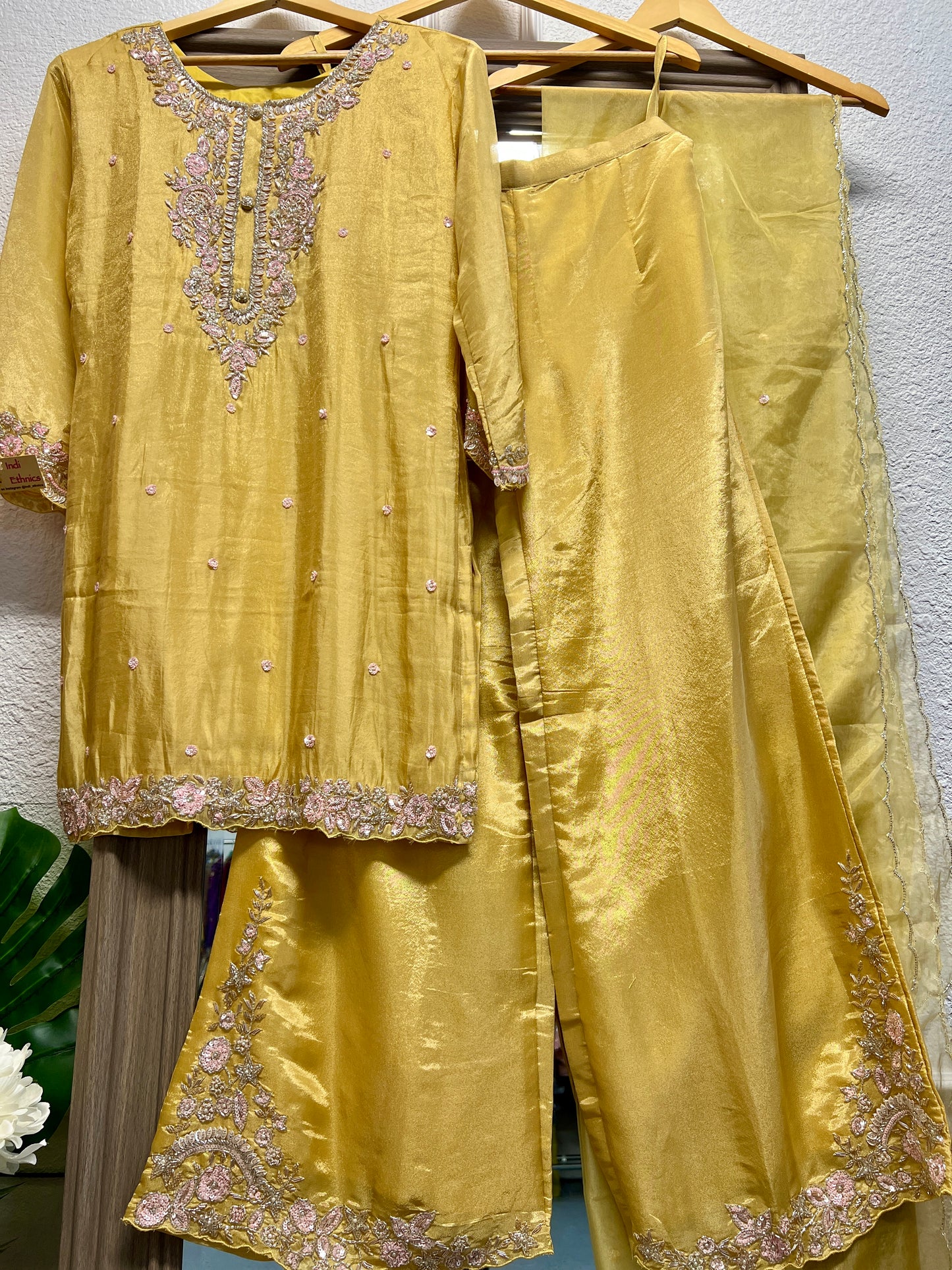 Lemon yellow pure shimmer tissue heavy handwork palazzo suit