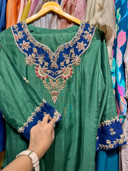 Green elegant pure mul chanderi heavy handwork kurta set