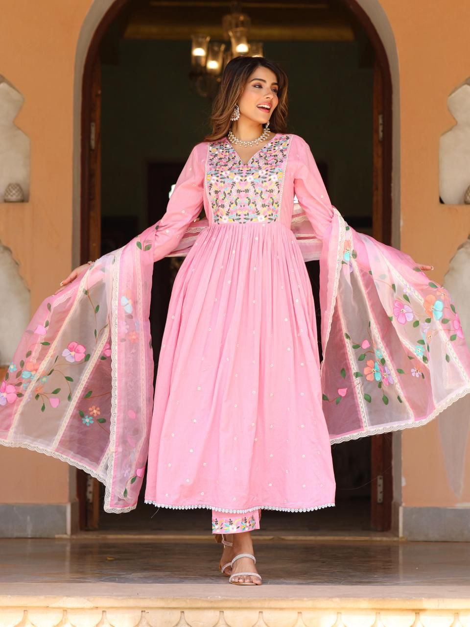 Pink beautiful embroidered suit with hand painted dupatta