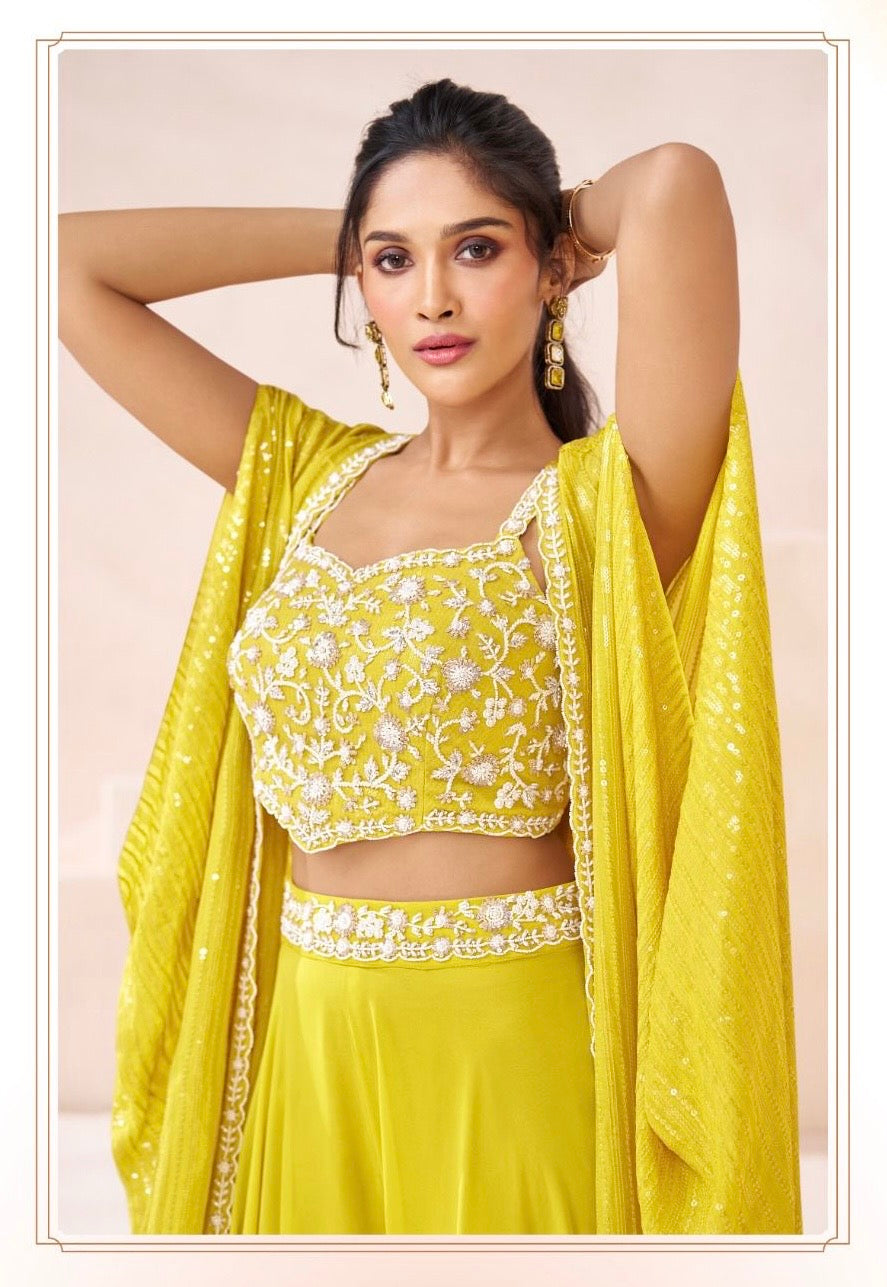 Yellow heavy handwork and all over sequence partywear cape set