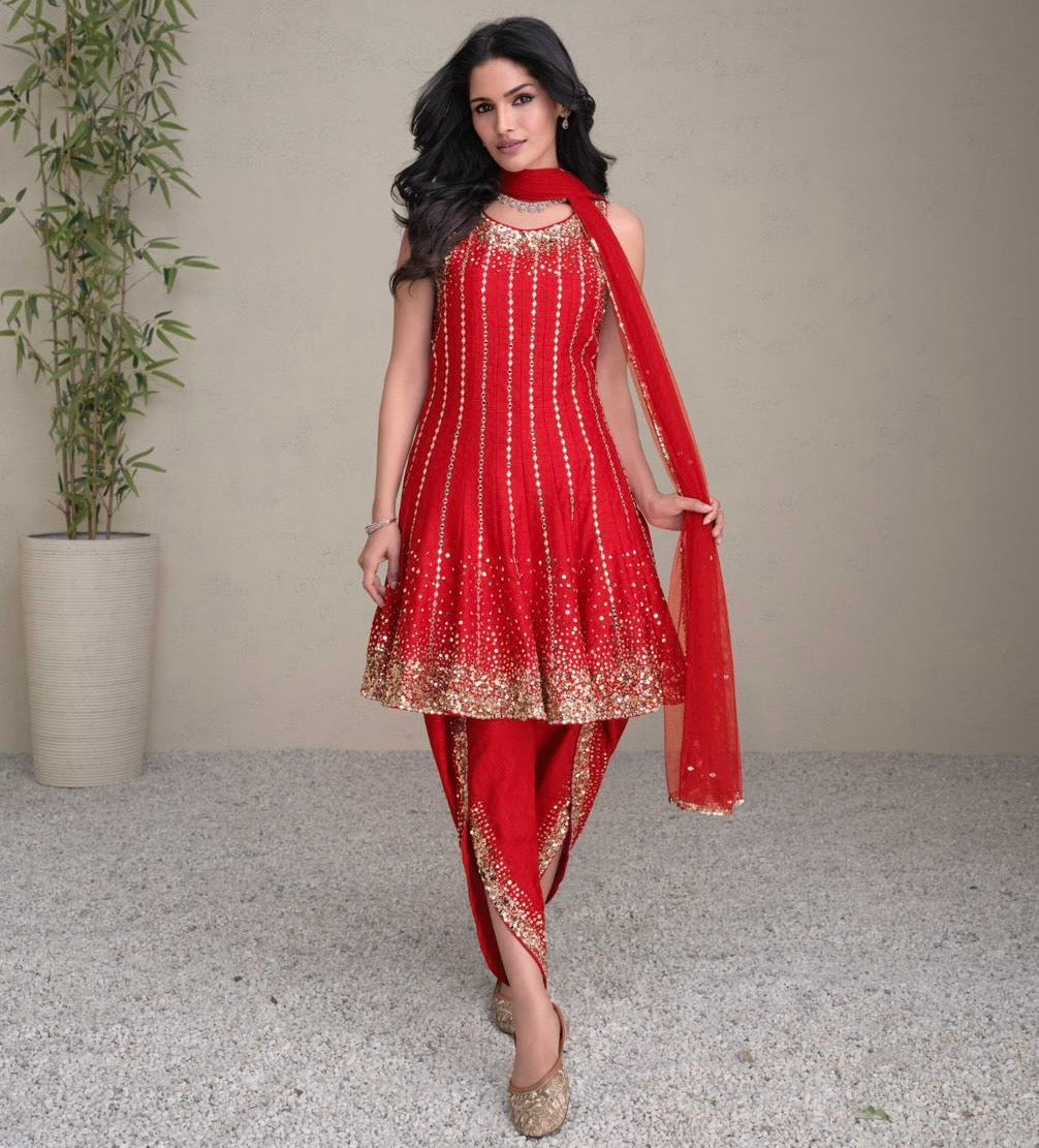 Red Heavy sequence work partywear peplum top and salwar set