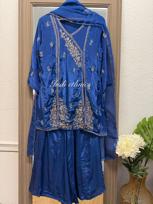 Royal blue pure crepe silk handwork sharara suit