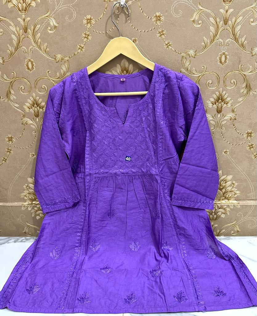 Purple chikankari short chanderi kurti