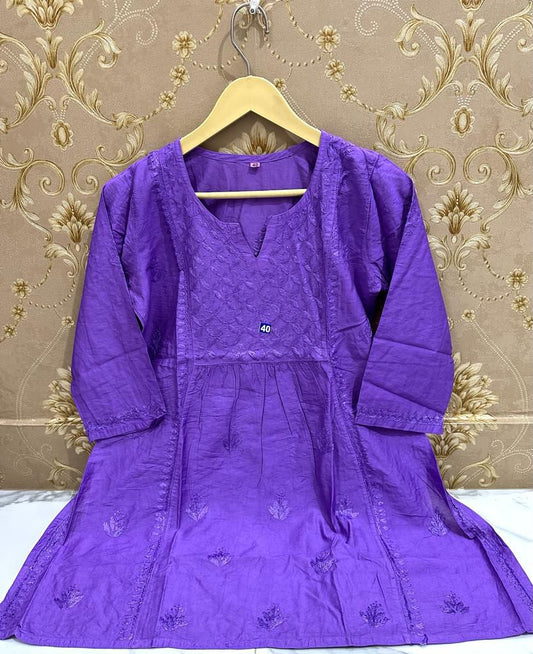 Purple chikankari short chanderi kurti