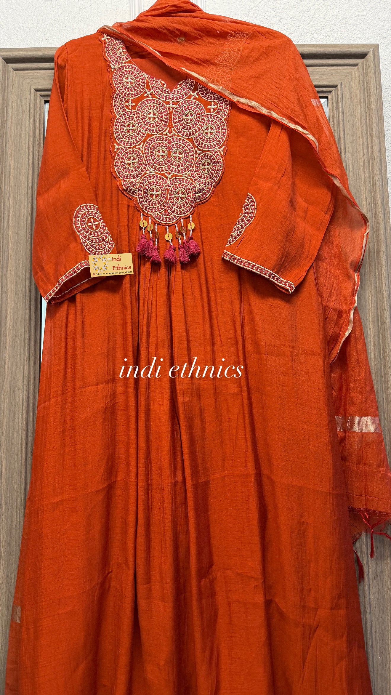 Rust mul chanderi embroidered A line suit