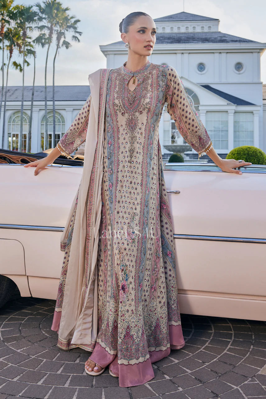 Beige and pink high neck crepe long suit
