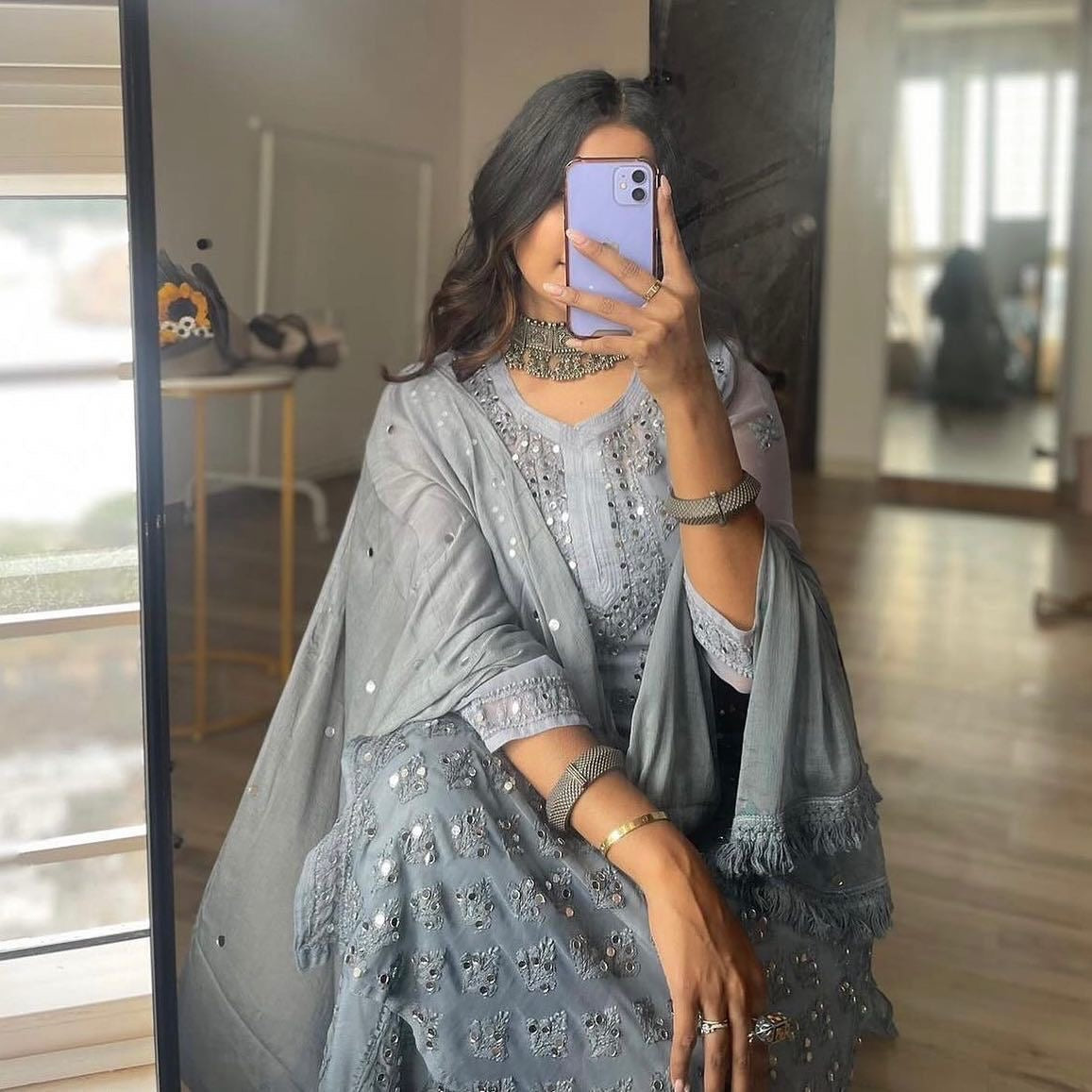 Grey mirror work chikankari suit